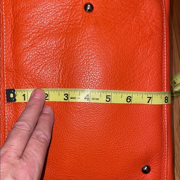 I Santi Large Pebbled Orange Leather Weekender Tote with brown handles & strap. - Picture 15 of 16